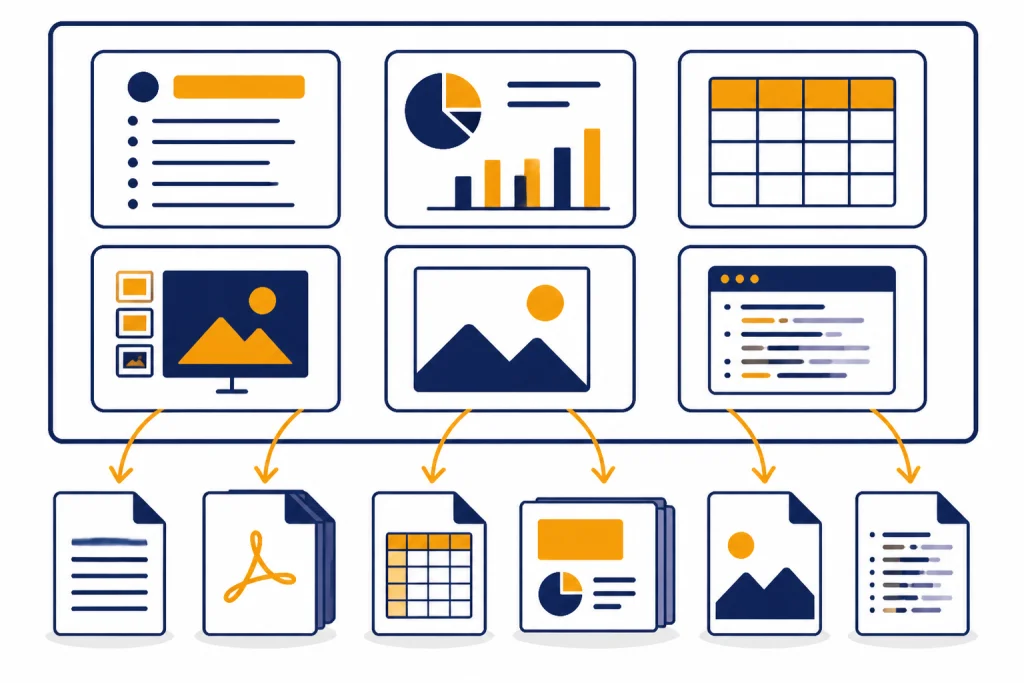 Best Format Choices Six task cards connected by arrows to text, PDF, spreadsheet, slide, image, and code file objects.