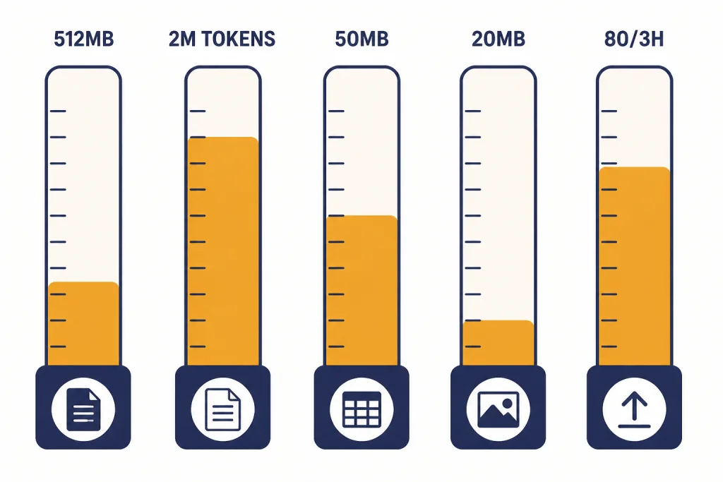 Five limit meters labeled 512MB, 2M TOKENS, 50MB, 20MB, and 80/3H for upload rules.