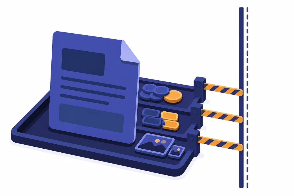 Oversized document card, token chips, and image tiles pressing against separate upload gates.