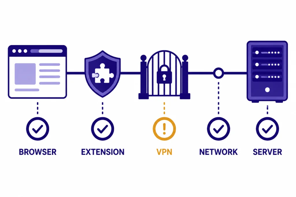 Browser Network Upload Path Troubleshooting path with boxes labeled BROWSER, EXTENSION, VPN, and SERVER.