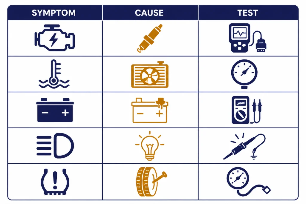 Diagnostic matrix with columns labeled SYMPTOM, CAUSE, and TEST and rows of upload error icons.
