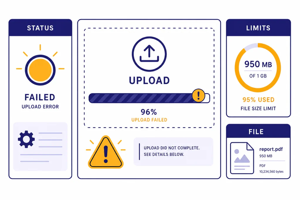 File Upload Troubleshooting Dashboard Troubleshooting dashboard with stuck upload bar and cards labeled UPLOAD, STATUS, LIMITS, and FILE.