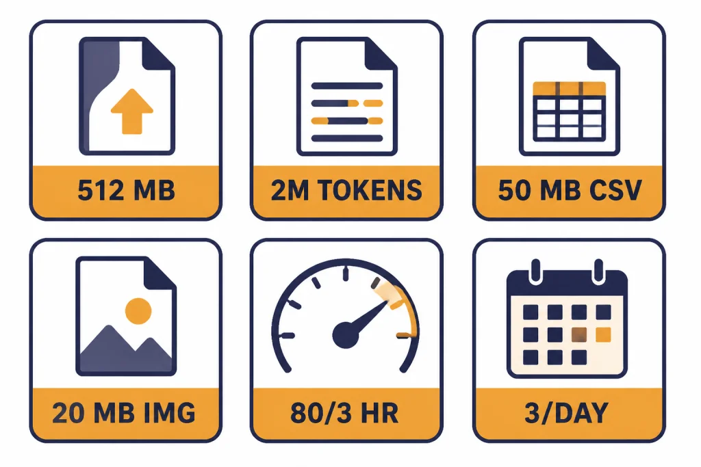 Six limit cards labeled 512 MB, 2M TOKENS, 50 MB CSV, 20 MB IMG, 80/3 HR, and 3/DAY.