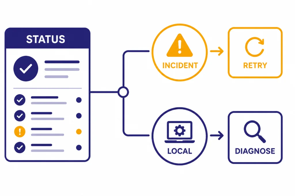 Status Check Decision Tree Status decision tree with nodes labeled STATUS, INCIDENT, LOCAL, and RETRY.