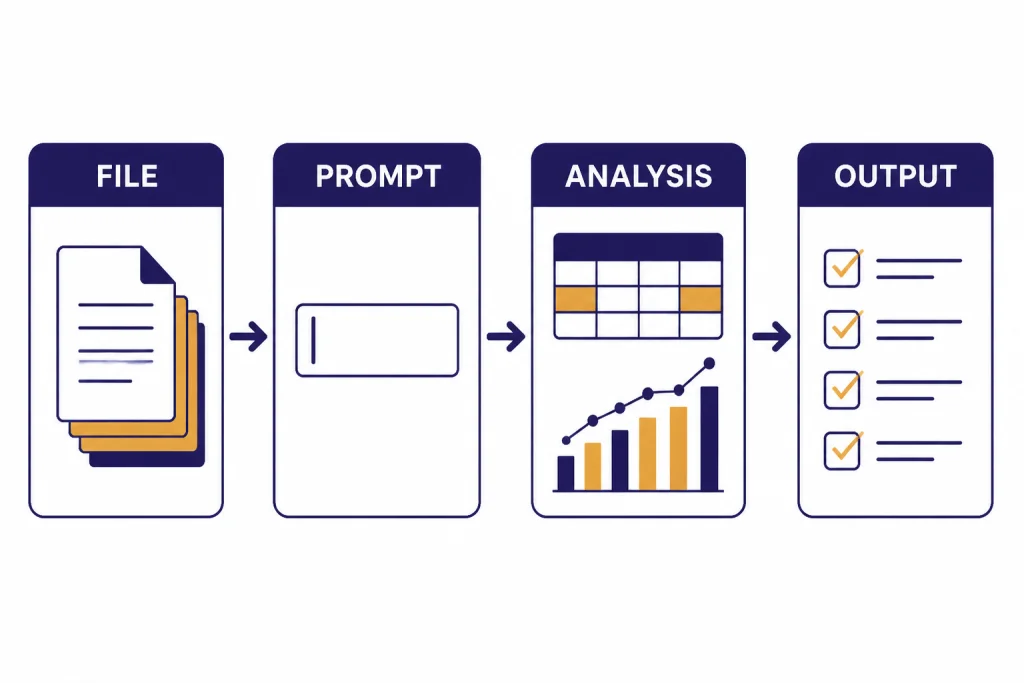 Four-step workflow labeled FILE, PROMPT, ANALYSIS, and OUTPUT with document, prompt, chart, and checklist icons.