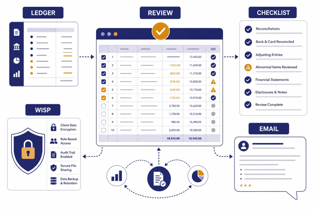 Accounting AI Workflow Dashboard with spreadsheet, checklist, shield, and email bubble labeled LEDGER, REVIEW, WISP, and EMAIL.