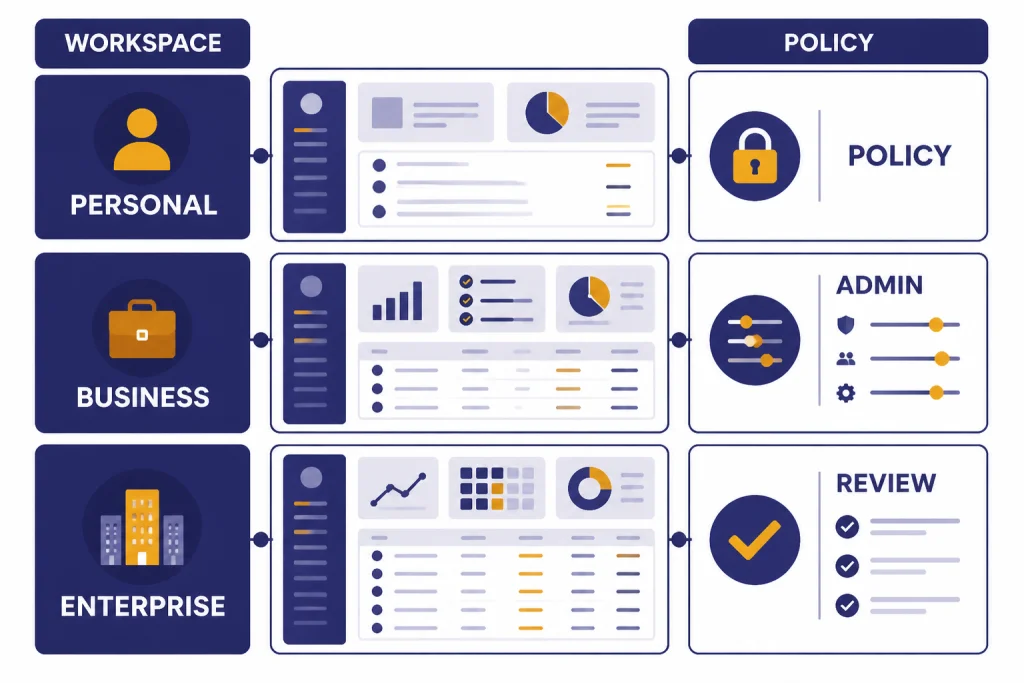 Firm AI Rollout Matrix Rollout matrix with tiers PERSONAL, BUSINESS, ENTERPRISE and controls labeled POLICY, ADMIN, and REVIEW.