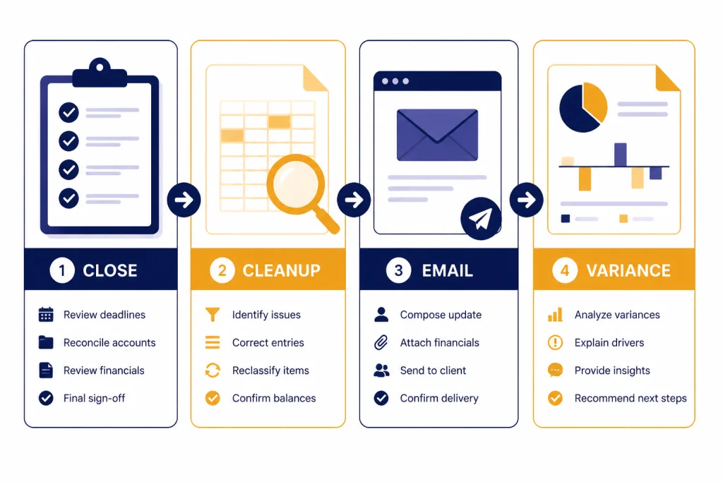 Accounting Workflow Cards Four workflow cards labeled CLOSE, CLEANUP, EMAIL, and VARIANCE arranged in one accounting process lane.