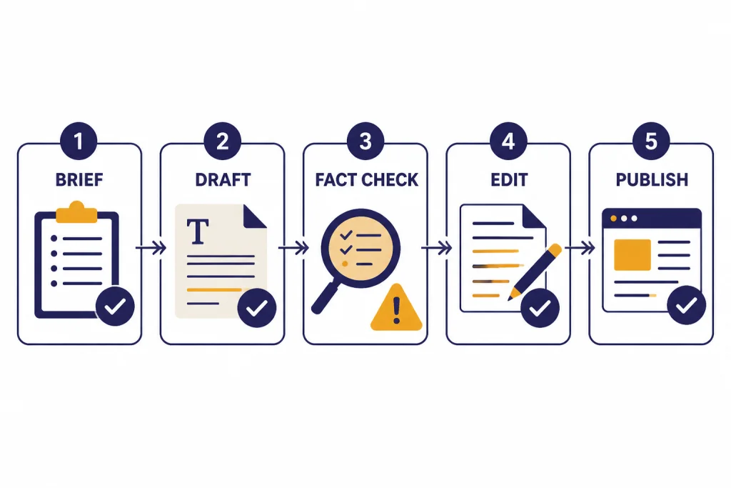 Controlled Drafting Pipeline Five-card editorial pipeline labeled BRIEF, DRAFT, FACT CHECK, EDIT, and PUBLISH.