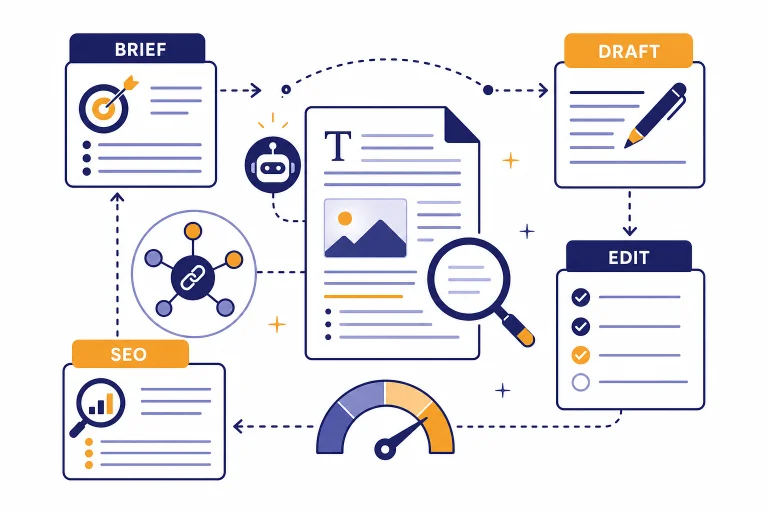 Workflow board with document, magnifier, checklist, link nodes, and labels BRIEF, DRAFT, EDIT, SEO.
