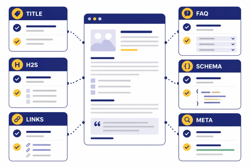 On-Page SEO Checklist On-page SEO dashboard with modules labeled TITLE, H2S, LINKS, FAQ, SCHEMA, and META.