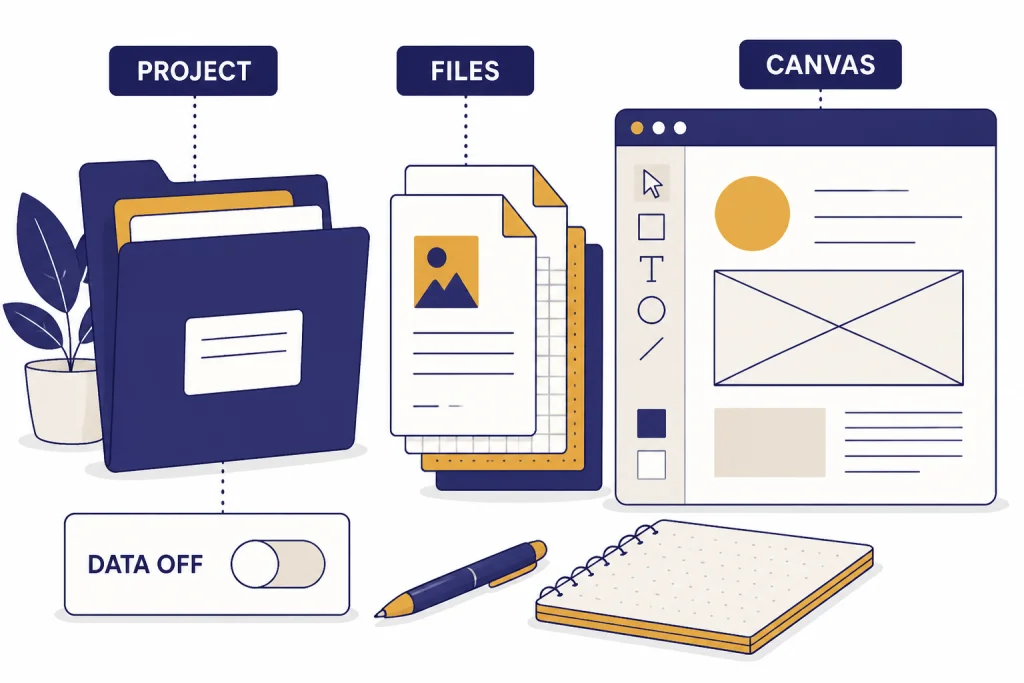 Workspace with project folder, source files, canvas pane, and privacy toggle labeled DATA OFF.