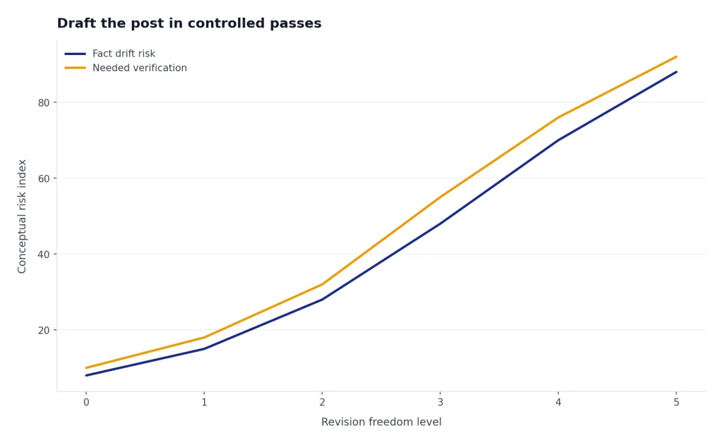 Line chart: Fact drift risk and Needed verification rise as revision freedom increases from 0 to 5.