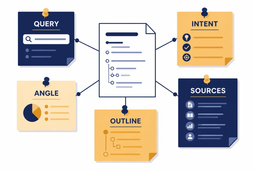 SEO brief board with five pinned cards labeled QUERY, INTENT, ANGLE, SOURCES, and OUTLINE.