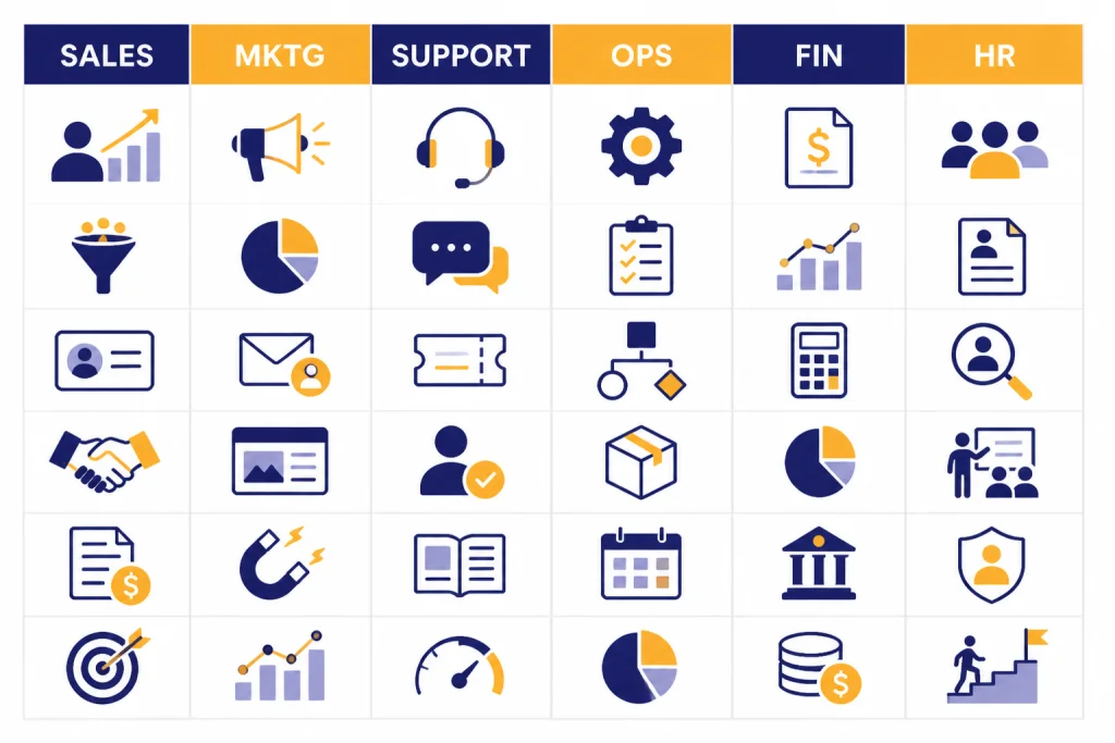 Department Use Case Matrix Use-case matrix with six columns labeled SALES, MKTG, SUPPORT, OPS, FIN, and HR.