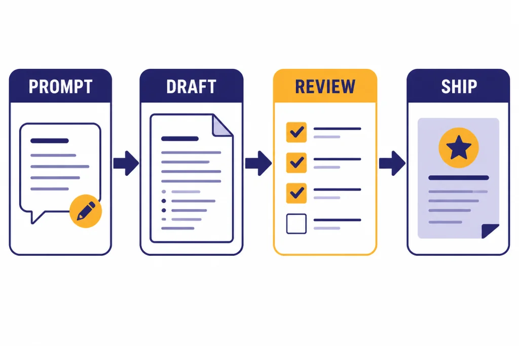 Four-step pipeline labeled PROMPT, DRAFT, REVIEW, and SHIP with connected workflow boxes.