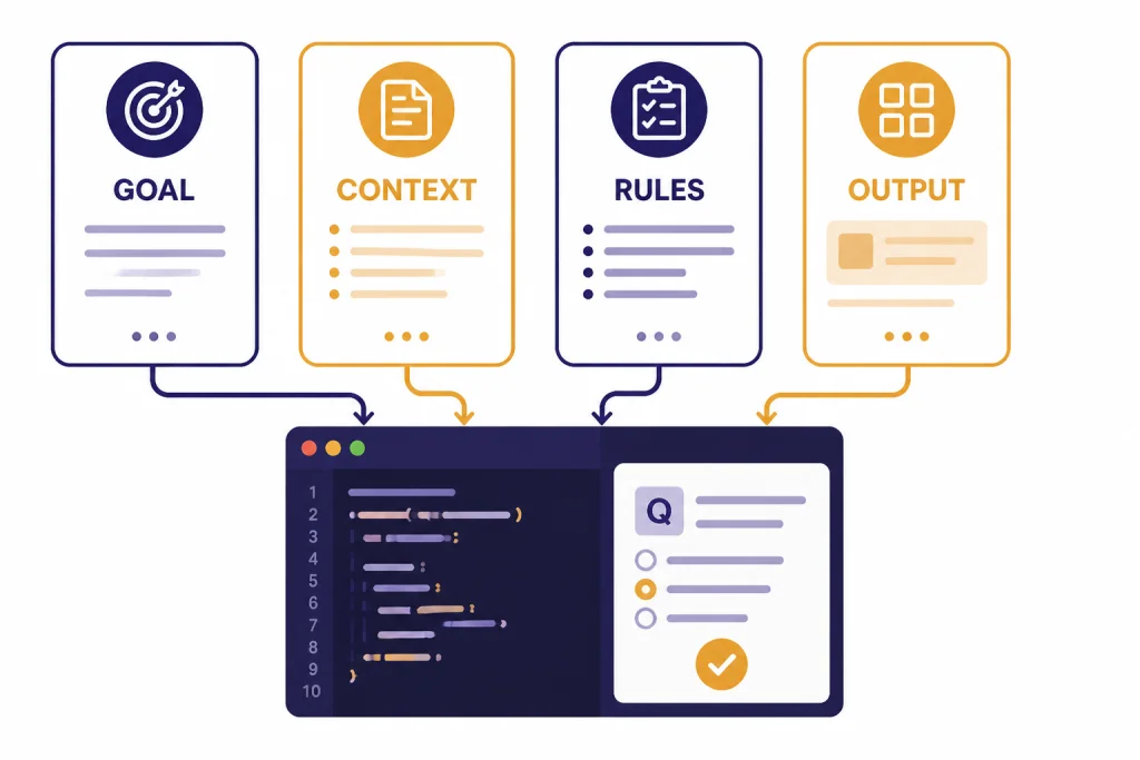Prompt cards labeled GOAL, CONTEXT, RULES, and OUTPUT feeding into a small code editor panel.