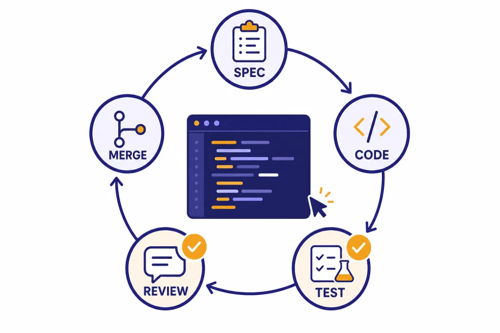 Coding Workflow Loop Circular coding workflow with nodes labeled SPEC, CODE, TEST, REVIEW, and MERGE around a code window.