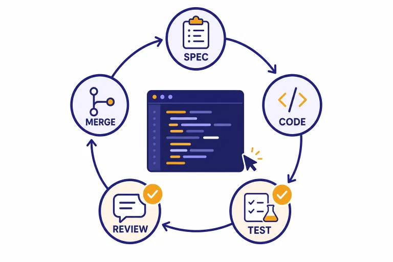 Circular coding workflow with nodes labeled SPEC, CODE, TEST, REVIEW, and MERGE around a code window.