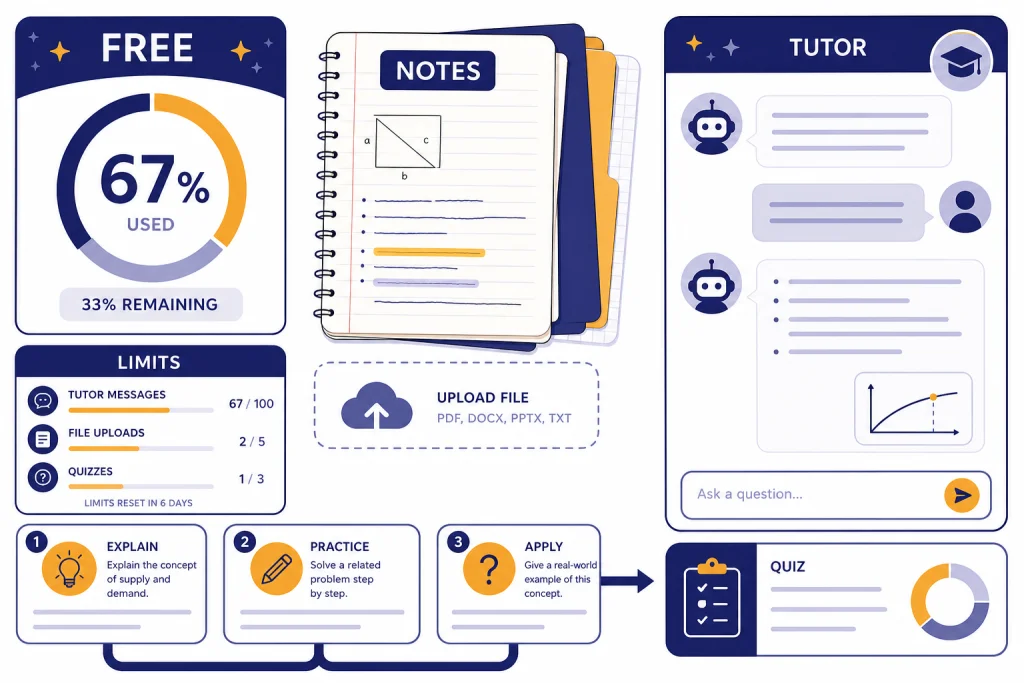 Free Tier Study Dashboard Study dashboard with labels FREE, LIMITS, NOTES, and QUIZ beside a usage meter and prompt cards.