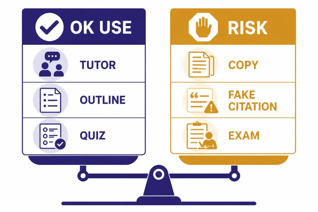 Two-column chart labeled OK USE and RISK with labels TUTOR, OUTLINE, COPY, and EXAM on cards.