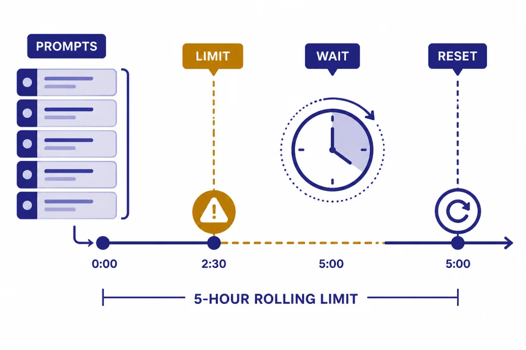 Five-hour limit timeline labeled PROMPTS, LIMIT, WAIT, and RESET with a warning marker and reset point.