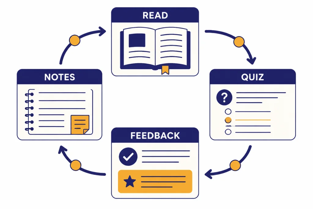 Study loop with stations labeled READ, QUIZ, FEEDBACK, and NOTES connected in a cycle.