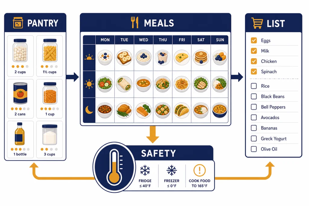 ChatGPT Cooking Planner Kitchen planning dashboard labeled PANTRY, MEALS, LIST, and SAFETY with connected cards and a thermometer badge.