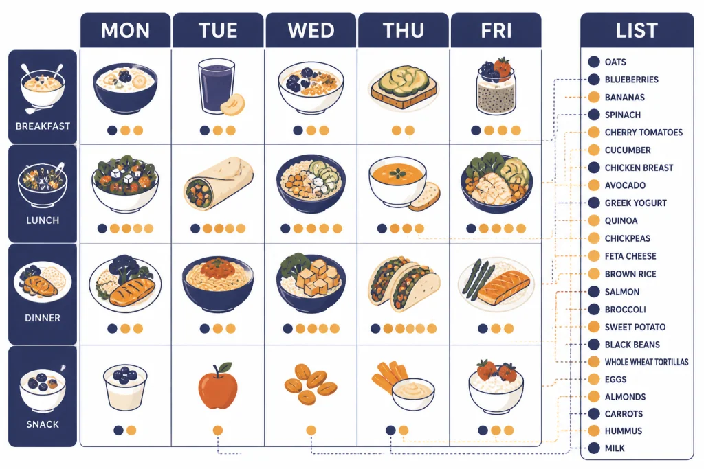 Five-day meal grid labeled MON, TUE, WED, THU, FRI beside a grocery checklist labeled LIST.
