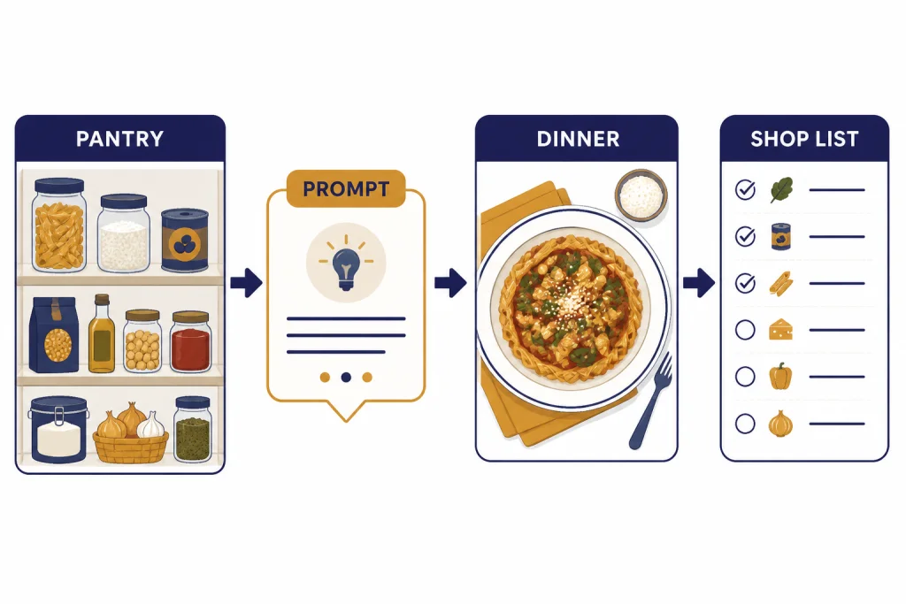 Pantry-to-dinner workflow labeled PANTRY, PROMPT, DINNER, and SHOP LIST connected by arrows.