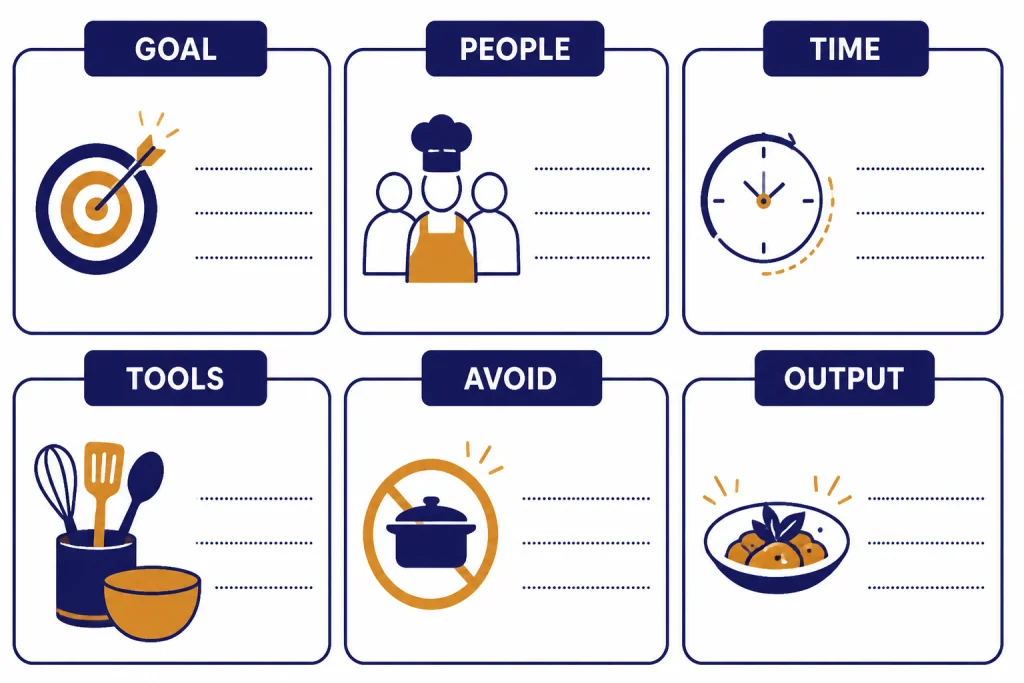 Cooking Prompt Template Structured prompt card with six boxes labeled GOAL, PEOPLE, TIME, TOOLS, AVOID, and OUTPUT.