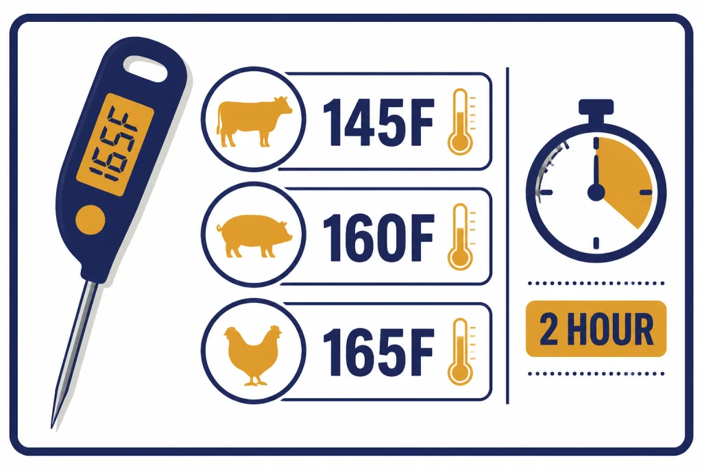 Food Safety Temperature Board Food safety board with thermometer markers labeled 145F, 160F, 165F, and a timer labeled 2 HOUR.