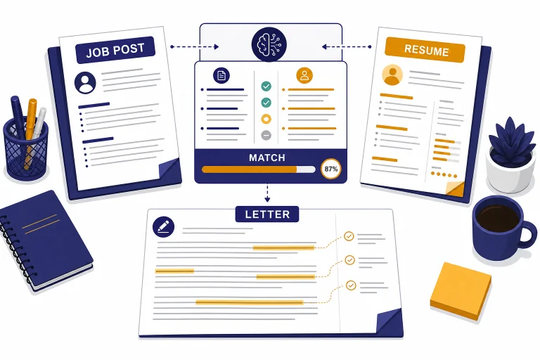 Workflow with sheets labeled JOB POST, RESUME, MATCH, and LETTER connected into a cover letter draft.