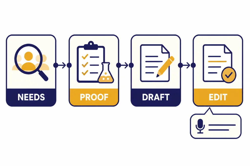 Four connected blocks labeled NEEDS, PROOF, DRAFT, and EDIT with an interview hook bubble.