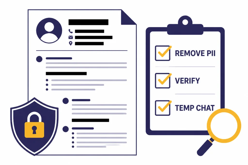 Redacted resume page next to checklist labels REMOVE PII, VERIFY, and TEMP CHAT.