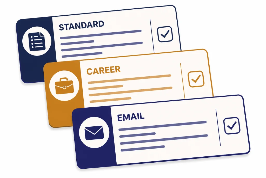 Cover Letter Prompt Cards Three prompt cards labeled STANDARD, CAREER, and EMAIL arranged in a stack with checkmark areas.