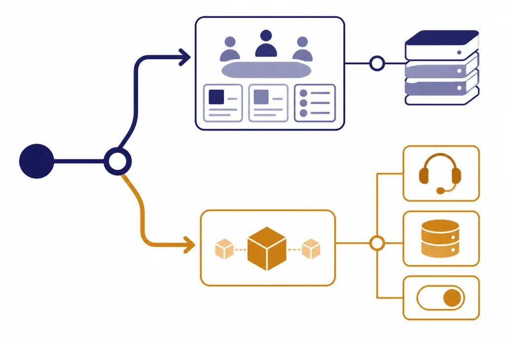 Workspace Or API Forked decision diagram with workspace path and API path connected to helpdesk, database, and approval switch.