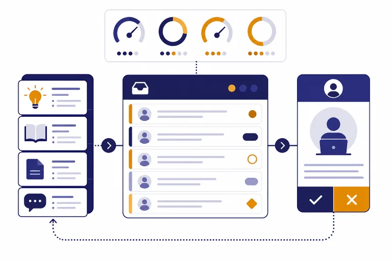 Support triage dashboard with ticket queue, knowledge base stack, approval gate, and status gauges.