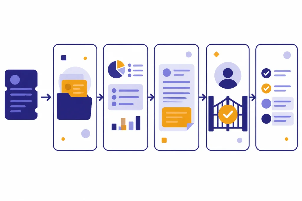 Five-stage support workflow from ticket context to analysis, draft, approval gate, and outcome log.