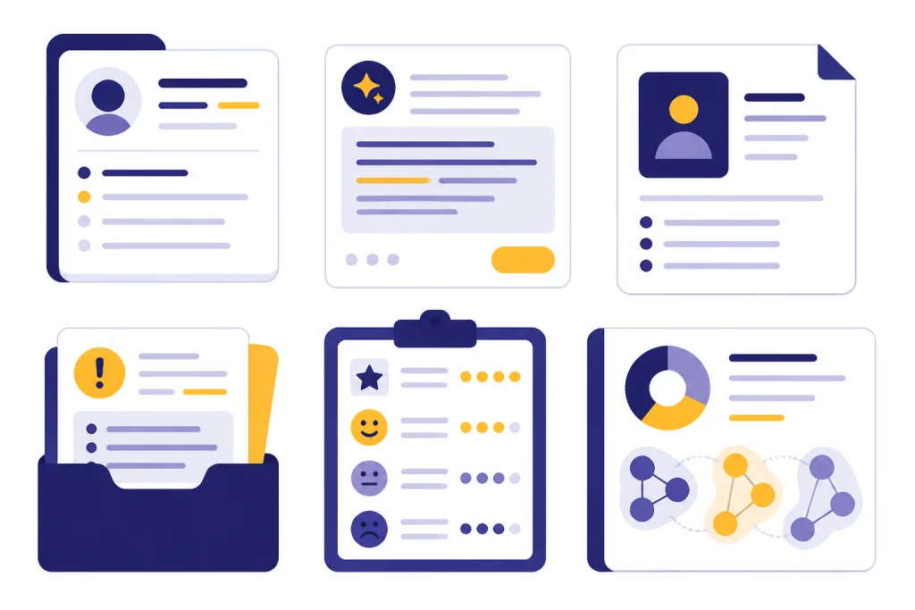 Six Support Use Cases Six support use-case cards arranged in a grid with document, draft, escalation, QA, and trend icons.