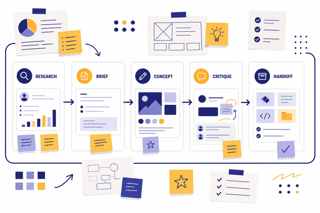 Designer Workflow With ChatGPT Workflow board with cards labeled RESEARCH, BRIEF, CONCEPT, CRITIQUE, and HANDOFF connected in sequence.