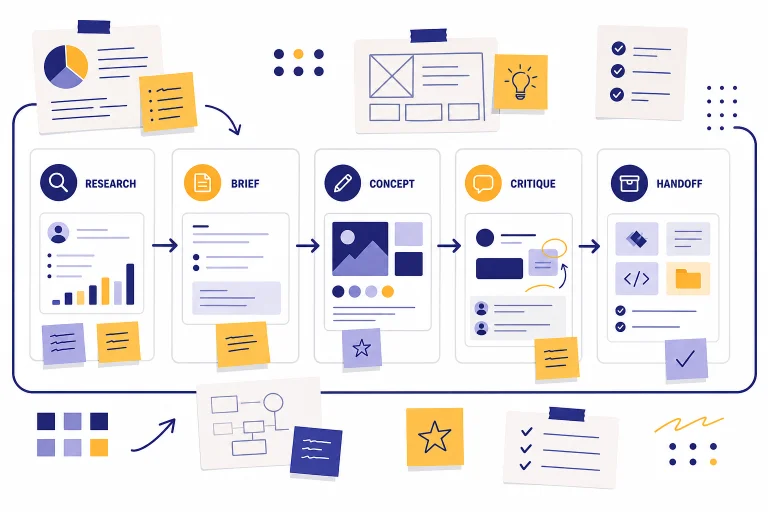 Workflow board with cards labeled RESEARCH, BRIEF, CONCEPT, CRITIQUE, and HANDOFF connected in sequence.