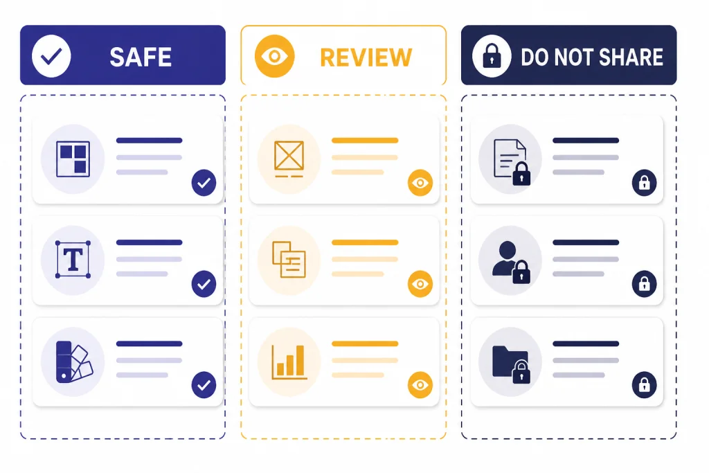 Three-column intake board labeled SAFE, REVIEW, and DO NOT SHARE with lock and check icons.