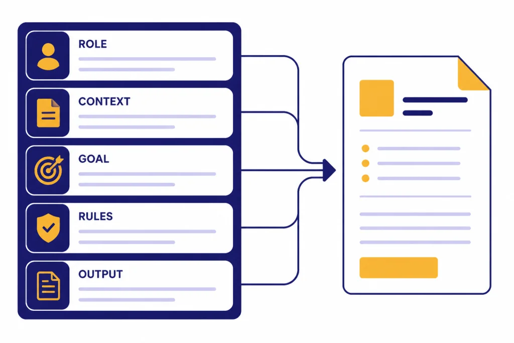 Design Prompt Formula Prompt builder with fields labeled ROLE, CONTEXT, GOAL, RULES, and OUTPUT feeding an output document.