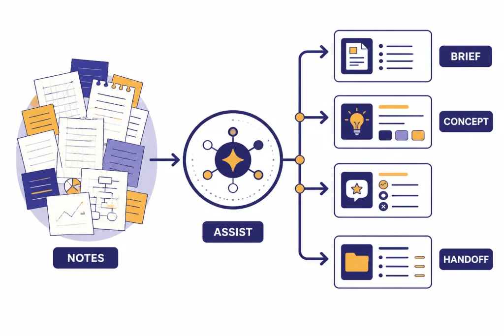 Research To Design Pipeline Pipeline from NOTES to ASSIST, then BRIEF, CONCEPT, and HANDOFF cards.