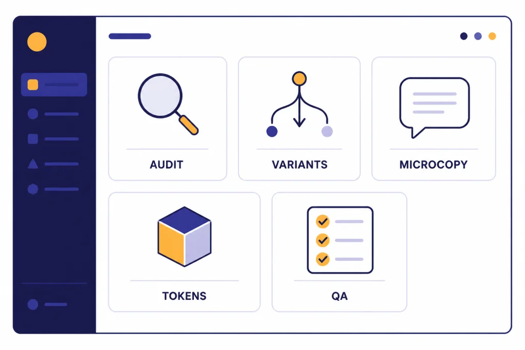 Five dashboard task cards labeled AUDIT, VARIANTS, MICROCOPY, TOKENS, and QA.