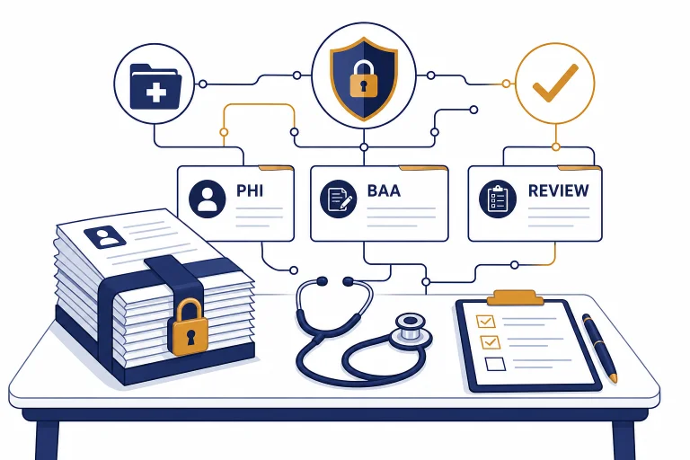 Clinical workflow desk with document stack, stethoscope icon, shield, and labels PHI, BAA, REVIEW.