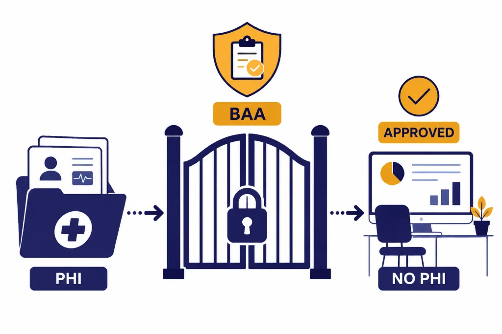 HIPAA Privacy Gate Privacy gate diagram with folder labeled PHI, locked gate labeled BAA, and workspace labeled APPROVED.