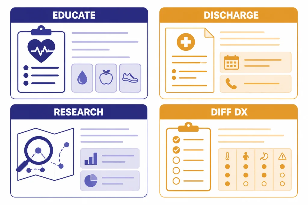 Four prompt cards labeled EDUCATE, DISCHARGE, RESEARCH, and DIFF DX in a grid.