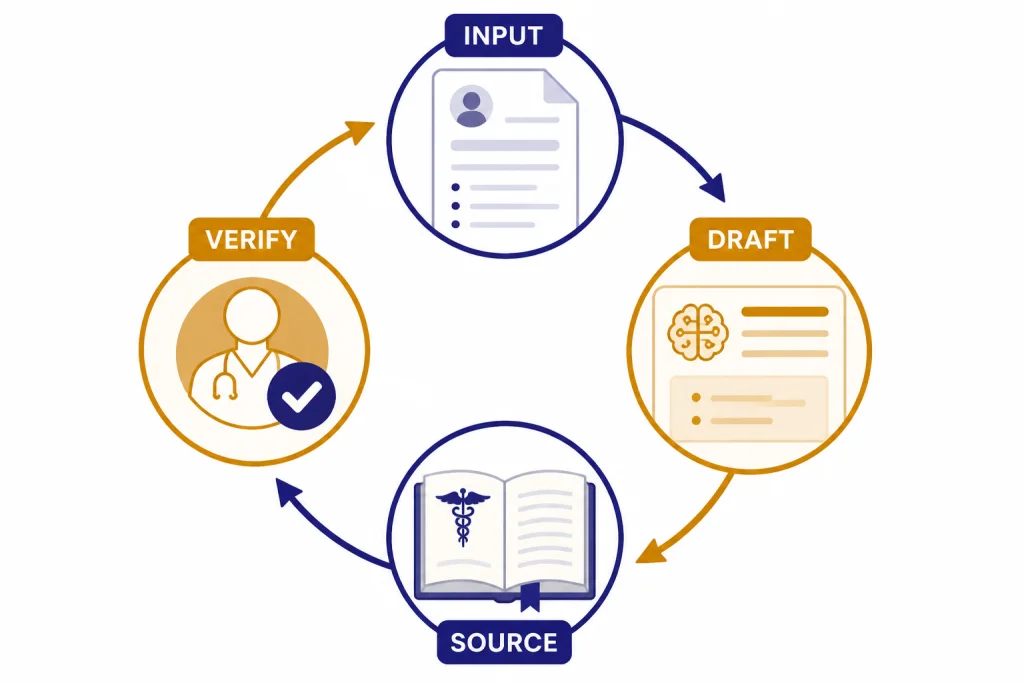 Clinical Verification Loop Circular verification loop labeled INPUT, DRAFT, SOURCE, and VERIFY around clinical review icons.